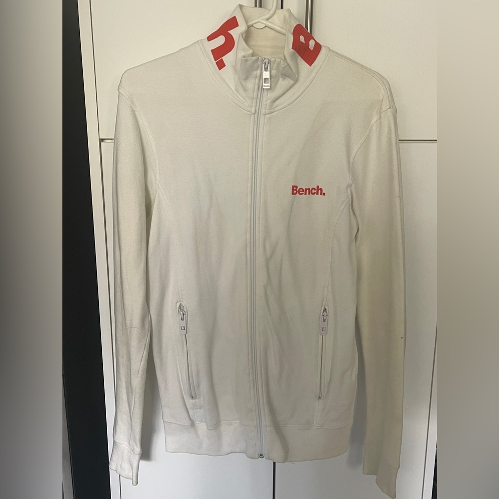 Men’s Bench Softshell/Track Jacket/Sweater White Cotton Zip-Up, Size Small S